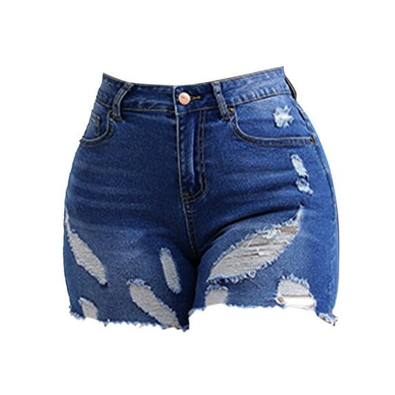 Charmgo Women's Spring/Summer High Waisted Skinny Jean Shorts Versatile Perforated Ragged Edge Denim Shorts Womens Shorts Mid Rise Denim Shorts for Women Blue M
