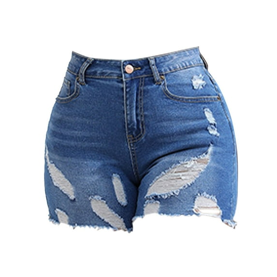 Charmgo Women's Spring/Summer High Waisted Skinny Jean Shorts Versatile Perforated Ragged Edge Denim Shorts Womens Shorts Mid Rise Denim Shorts for Women Blue2 XXL