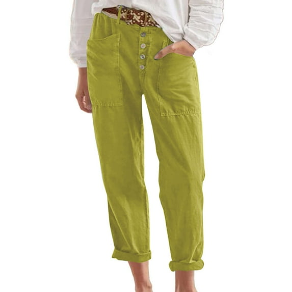 Charmgo Womens Capris for Summer, Women's Spring/Summer Breasted Cotton Linen Loose Casual Pants Linen Pants for Women Trendy, Capri Pants for Women Green