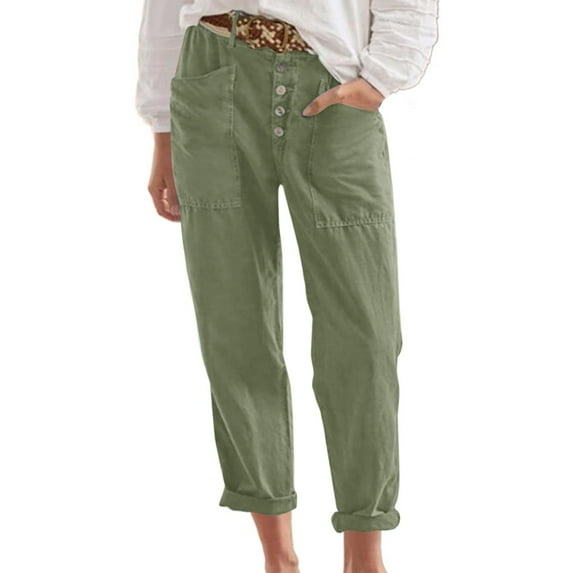 Charmgo Womens Capris for Summer, Women's Spring/Summer Breasted Cotton Linen Loose Casual Pants Linen Pants for Women Trendy, Capri Pants for Women Army Green