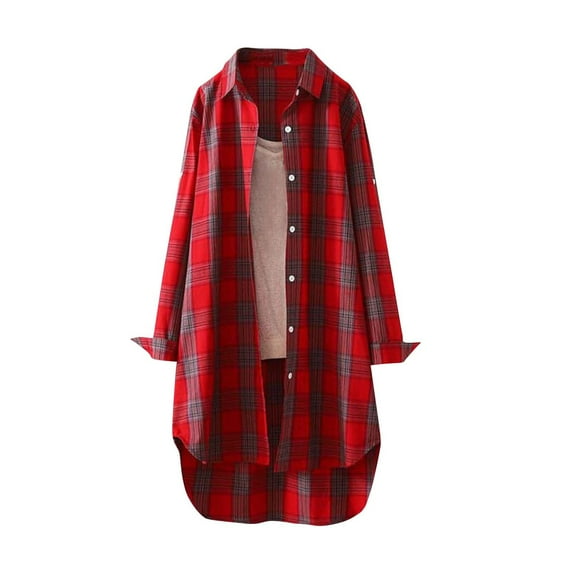 Charmgo Womens Flannel Shirt, Women's Artistic Retro Cotton Linen Shirt Solid Color 3/4 Sleeve Flannel Jacket Loose Casual Top Shacket Long Sleeve Shirts for Women Plaid Shirts for Women Red L