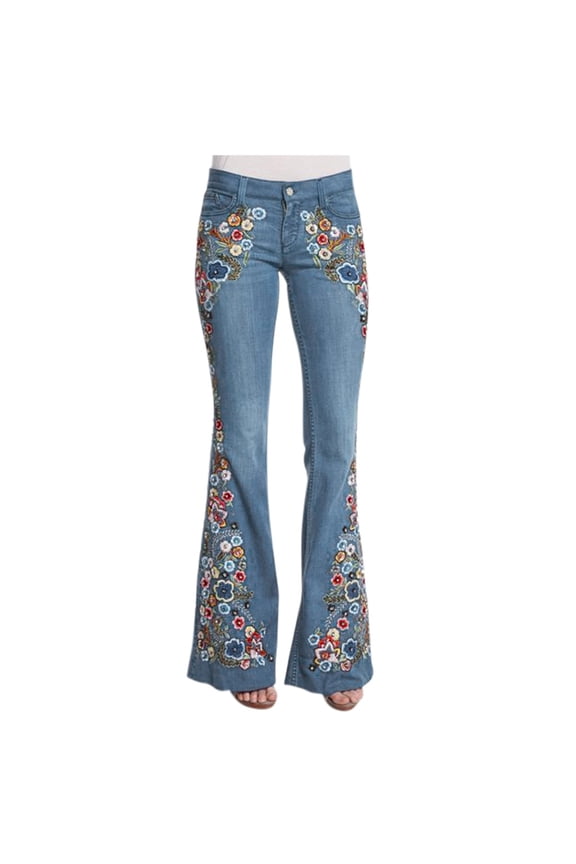 Womens Flare Jeans Button Bell High Waist Jeans Destoryed Pants Bottom Denim Flare Pants Flower Embroidered Straight Leg High Waisted Baggy Jeans Bell Bottom Jeans for Women Light Blue M