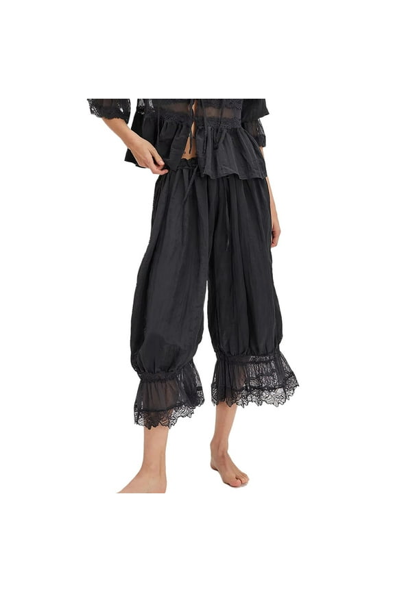 Womens Flowy Pants Women Ruffle Hem Capris Lace Trim Pantaloons Lingerie Pants Slip Dress Hollow Lace Home Clothes for Women High Waisted Wide Leg Pants Woman Palazzo Pants for Women Black L