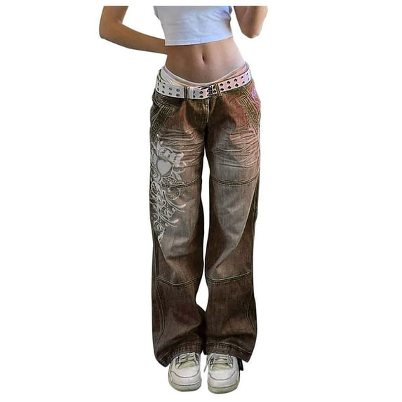 Charmgo Womens Jeans Clearance, Women Casual Low Rise 90S Print Jeans Vintage Loose Butterfly Print Wide Leg Flare Jeans Streetwear High Waisted Jeans for Women Bronze L