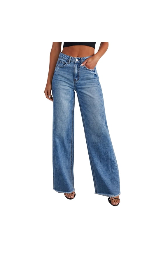Womens Jeans Clearance, Women's Autumn Casual Loose Leg Wide Leg Side Seam Panelled Hem Jeans Wide Leg Pants for Women Trendy Blue M