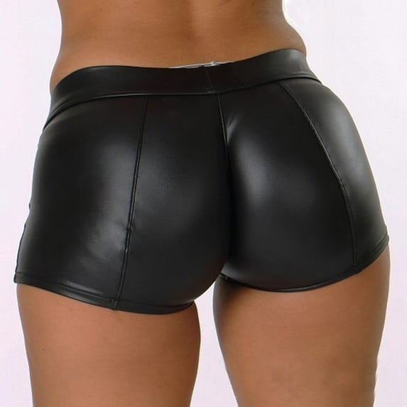 Charmgo Womens Leather Shorts Women's Hot Solid Black High Waisted Leggings Short Tights Fashion Leather Shorts Black Leather Shorts Lounge Shorts for Women Black L