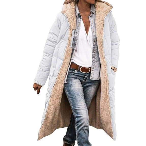 Charmgo Womens Puffer Jacket Clearance, Ladies Fashion Warm Winter Coat Double Faced Long Sleeve Hooded Down Jacket Long Puffer Coat Women, Winter Coats for Women White XXL