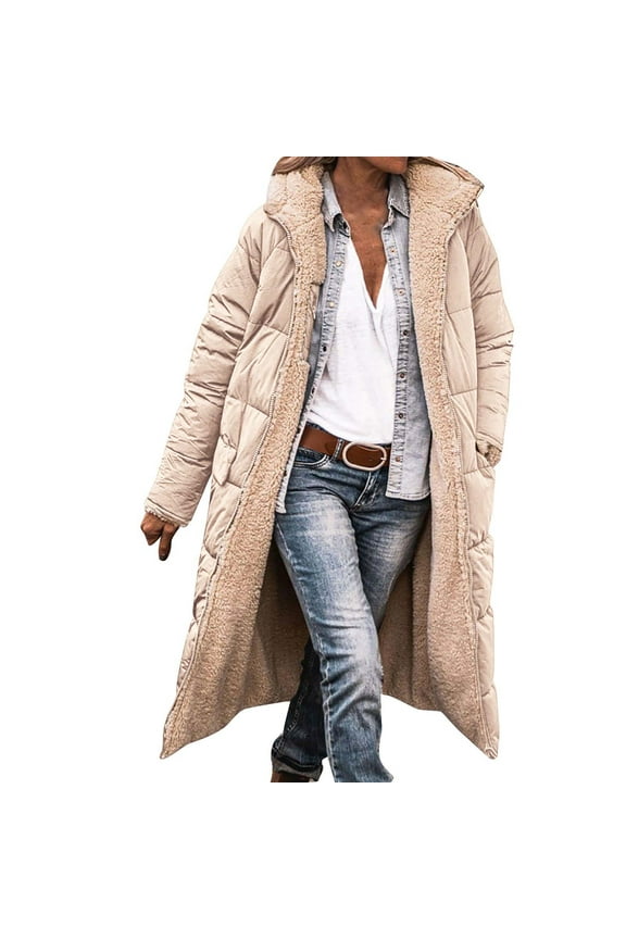 Womens Puffer Jacket Clearance, Ladies Fashion Warm Winter Coat Double Faced Long Sleeve Hooded Down Jacket Long Puffer Coat Women, Winter Coats for Women Beige L