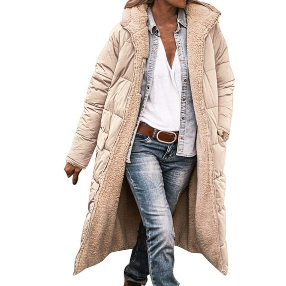 Charmgo Womens Puffer Jacket Clearance, Ladies Fashion Warm Winter Coat Double Faced Long Sleeve Hooded Down Jacket Long Puffer Coat Women, Winter Coats for Women Beige L
