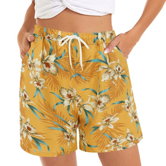 Charmgo Womens Shorts Clearance, Women's Casual Shorts Summer Comfy Beach Shorts Elastic Waist Floral Print with 2 Pockets Running Shorts for Women Shorts for Women Capri Pants for Women Khaki