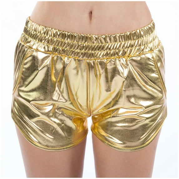 Charmgo Womens Shorts Clearance, Women's Retro Metallic Shorts Shiny Shorts Sparkly Hot Elastic Waist Rave Booty Dance Shorts for Women Trendy Gold XXL