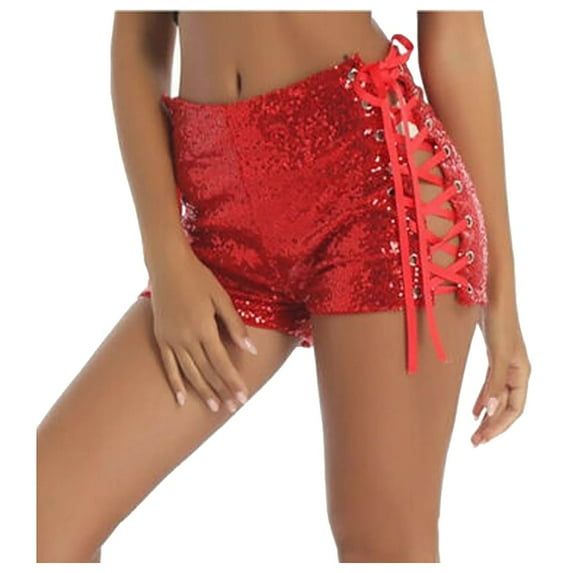 Charmgo Womens Shorts Clearance, Women's Sequin High Waist Strappy Hollow Shorts Running Shorts for Women Shorts for Women Capri Pants for Women Red