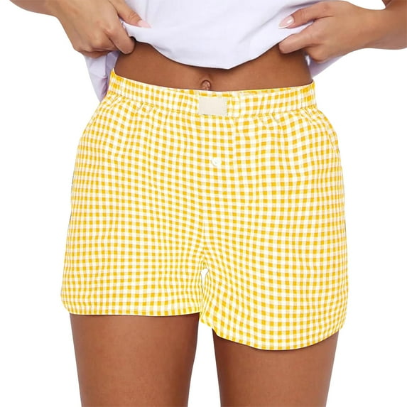 Charmgo Womens Shorts Clearance, Women's Shorts Cute Soft Elastic Low Waist Plaid Print Button Front Pajama Bottoms Boxer Shorts Sleepwear Gym Shorts Women, Yoga Shorts for Women Yellow
