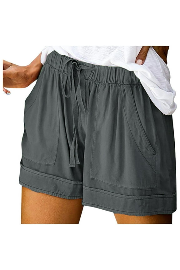 Womens Shorts Clearance, Womens Casual Loose Drawstring Shorts Splice Comfy Elastic Waist Shorts with Pocket, Bermuda Shorts for Women, Linen Shorts for Women Dark Gray XL