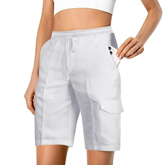 Charmgo Womens Shorts Clearance, Womens Casual Solid Cargo Pants Shorts Elastic Waist Pockets Pleated Casual Pants Cargo Shorts Women, Shorts for Women Trendy White XXXL