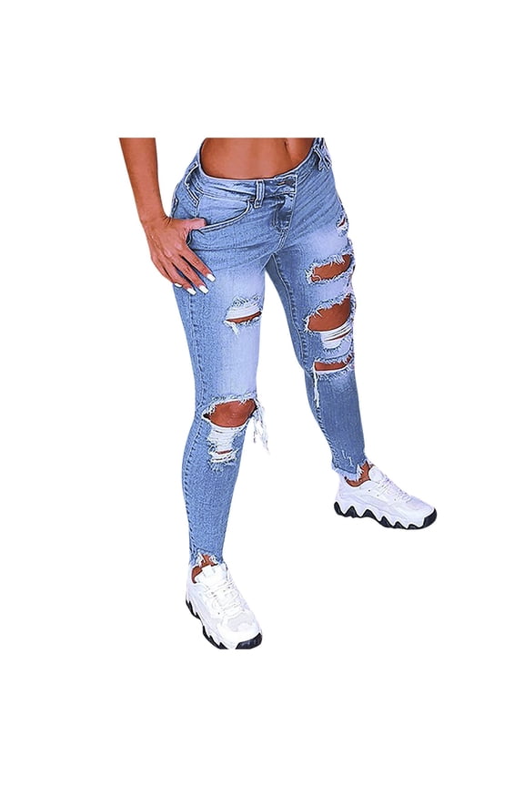 Womens Skinny Jeans Women Solid Color Hole Low Waist Jeans Ankle Fashion Pants Trouser High Waisted Ripped Jeans Boot Cut Jeans for Woman Blue S