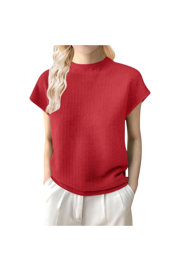 Womens Sweaters Under $15, Autumn Thin Half Height Crewneck Knit Breathable Checkered Temperament Versatile Fashion Sweatshirt, Fall Sweaters for Women 2024 Red L
