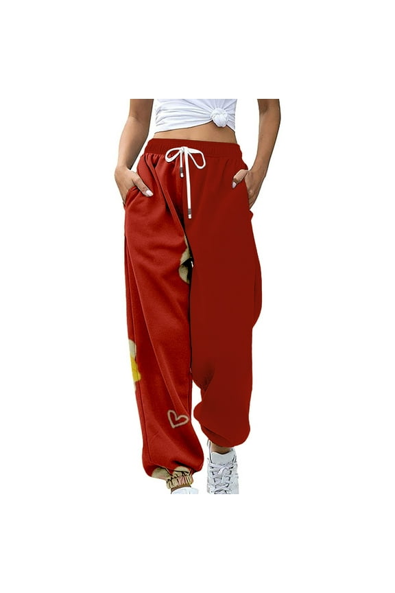 Womens Sweatpants Clearance, Women's Casual High Waisted Sweatpants Solid Color Elastic Waist Workout Pants Loose Fit Pants for Women Wide Leg Pants Woman, Joggers for Women Red XXL