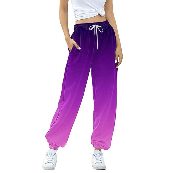 Charmgo Womens Sweatpants Clearance, Women's Fashion Gradient Print Casual Pants with Pocket Wide Leg Pants Woman, Joggers for Women Purple XL