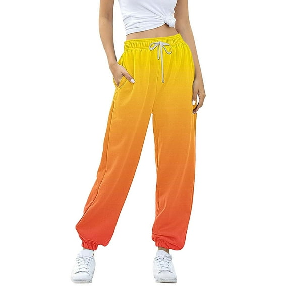 Charmgo Womens Sweatpants Clearance, Women's Fashion Gradient Print Casual Pants with Pocket Wide Leg Pants Woman, Joggers for Women Yellow M
