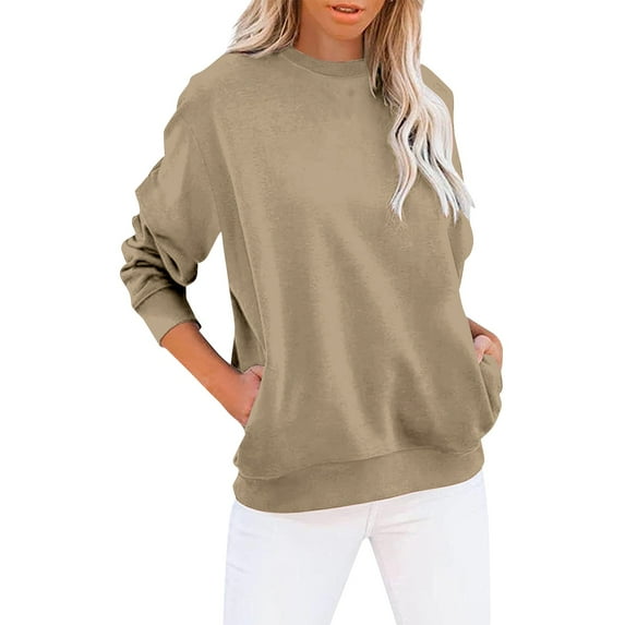 Charmgo Womens Sweatshirt Under $15, Women's Crew Neck Solid Color Sweatshirt Tops Long Sleeves Casual Pullover Lightweight Loose Tops Crewneck Sweatshirts Oversized, Winter Clothes for Women Khaki L