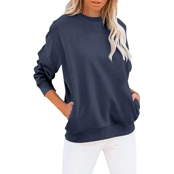 Charmgo Womens Sweatshirt Under $15, Women's Crew Neck Solid Color Sweatshirt Tops Long Sleeves Casual Pullover Lightweight Loose Tops Crewneck Sweatshirts Oversized, Winter Clothes for Women Navy M