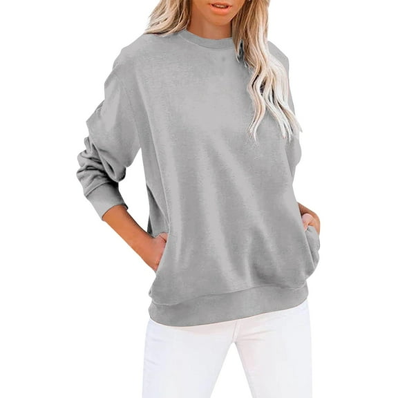 Charmgo Womens Sweatshirt Under $15, Women's Crew Neck Solid Color Sweatshirt Tops Long Sleeves Casual Pullover Lightweight Loose Tops Crewneck Sweatshirts Oversized, Winter Clothes for Women Grey M