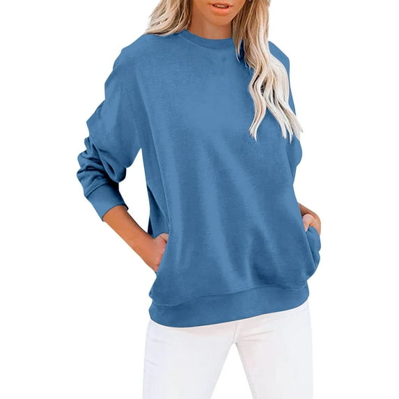 Charmgo Womens Sweatshirt Under $15, Women's Crew Neck Solid Color Sweatshirt Tops Long Sleeves Casual Pullover Lightweight Loose Tops Crewneck Sweatshirts Oversized, Winter Clothes for Women Blue M