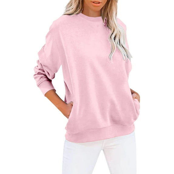 Charmgo Womens Sweatshirt Under $15, Women's Crew Neck Solid Color Sweatshirt Tops Long Sleeves Casual Pullover Lightweight Loose Tops Crewneck Sweatshirts Oversized, Winter Clothes for Women Pink M