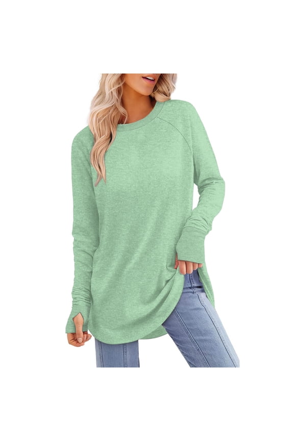 Womens Sweatshirt, Womens Tunic Tops To Wear With Leggings Long Sleeve Shirts with Thumb Hole Curved Crewneck Sweatshirts Women, Green Sweatshirt Women L