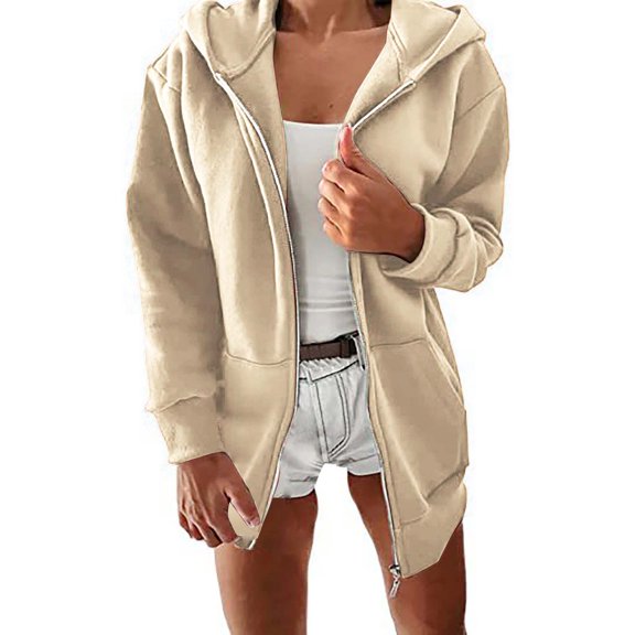 Charmgo Womens Tops Clearance, 2024 Autumn and Winter Women's Sports and Leisure Zipper Jacket Plus Fleece and Thickened Women's Hooded Cardigan Sweater Sweatshirt for Women, Hoodies for Women Beige
