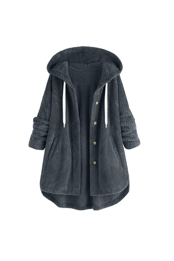 Womens Winter Coats Clearance, Women Autumn Winter Solid Color Hooded Long Sleeve Button Pockets Cardigan Coat Jacket Fleece Jacket Women, Grey Jackets for Women XXL