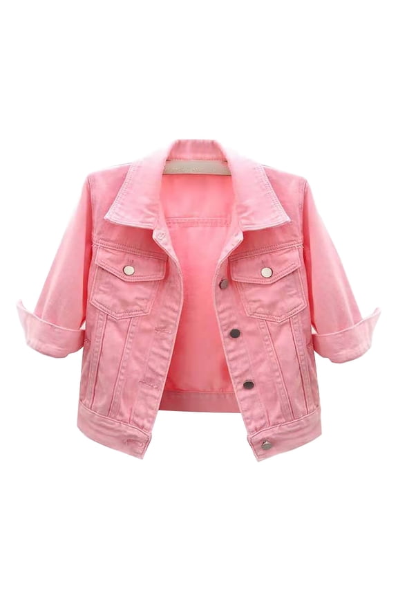 Womens Winter Coats Clearance, Women's 3/4 Sleeve Cropped Jacket Lightweight Jacket Coat Denim Jacket for Women, Jean Jackets for Women Pink L