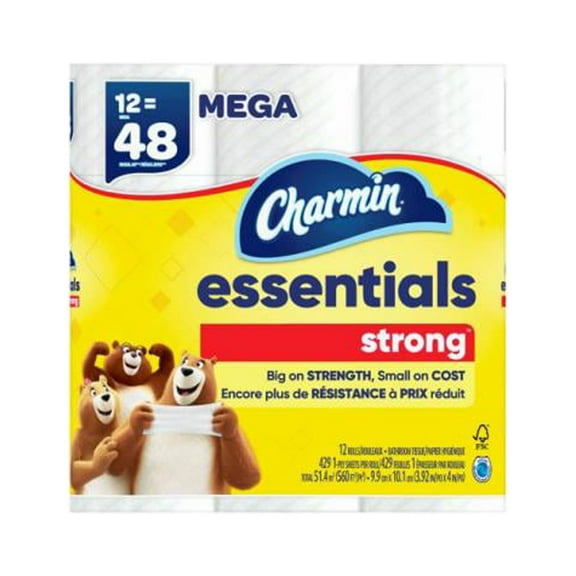 Charmin 03156 Essentials Strong Toilet Paper, 429 Sheets per Mega Roll, 12 Rolls - Quantity 4