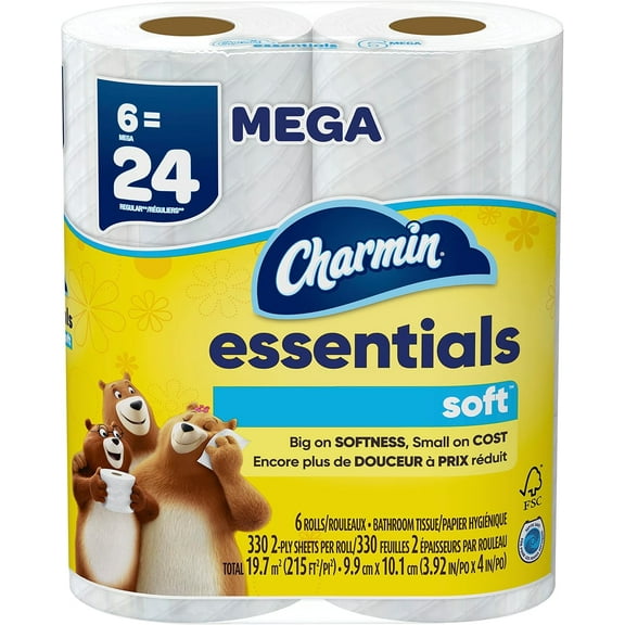 Charmin Essentials Soft Toilet Paper 6 Mega Rolls, 330 sheets per roll