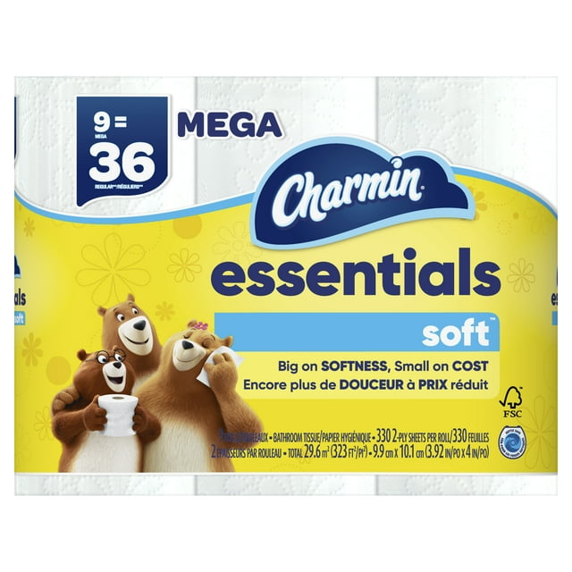 Charmin Essentials Soft 2Ply Toilet Paper, 9 Mega Rolls, Septic Safe