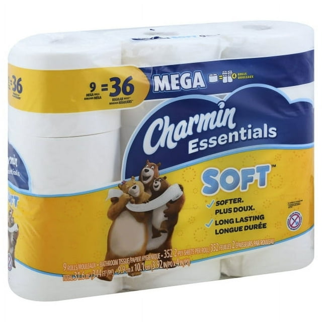 Charmin Essentials Soft Toilet Paper 9 Mega Rolls, 352 Sheets Per Roll