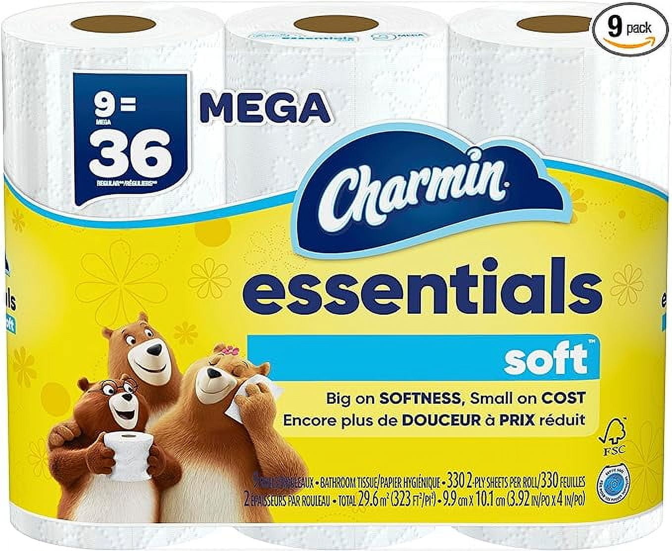 Charmin Essentials Soft Toilet Paper, 9 Mega Rolls = 36 Regular Rolls ...