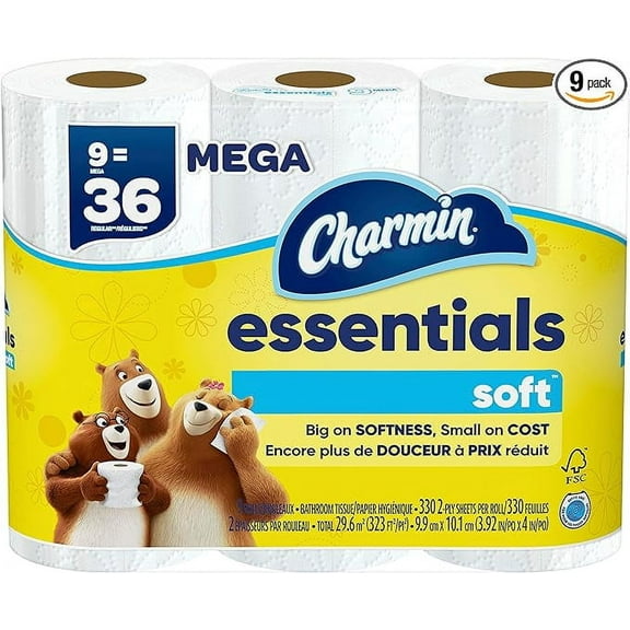 Charmin Essentials Soft Toilet Paper, 9 Mega Rolls = 36 Regular Rolls