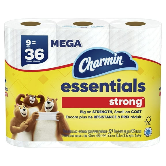 Charmin Essentials Strong Toilet MMF7Paper, 9 Mega Rolls = 36 Regular Rolls