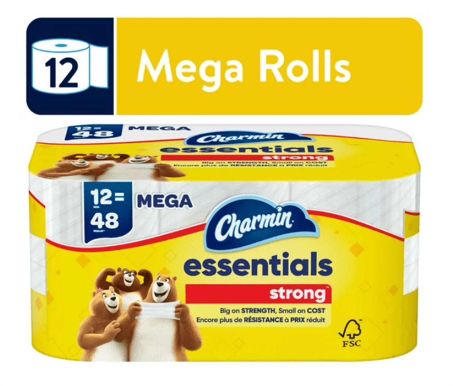 Charmin Essentials Strong 3x Mega Roll Toilet Paper, 12 Pack, Long Lasting, Clog and Septic Safe