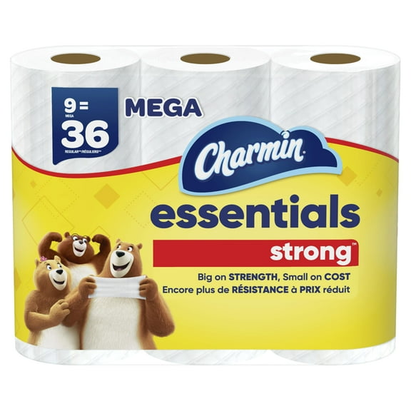 Charmin Essentials Strong Toilet Paper, 9 Mega Rolls = 36 Regular Rolls C40