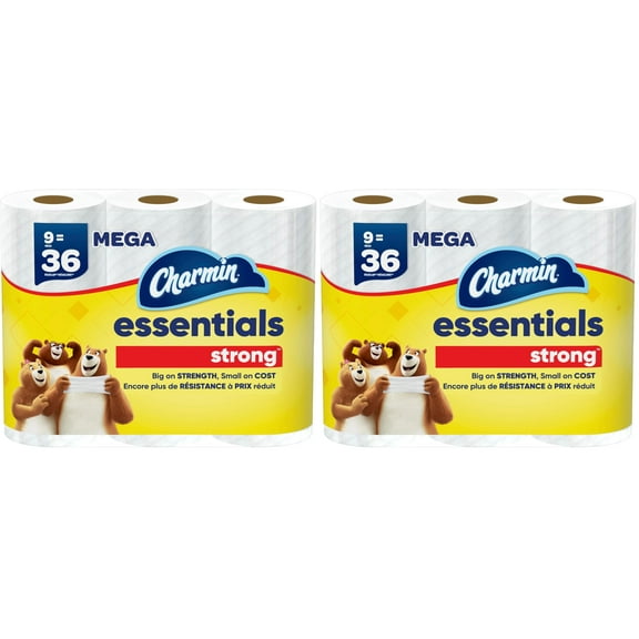 Charmin Essentials Strong Toilet Paper, 9 Mega Rolls : 36 Regular Rolls (Pack of 2)