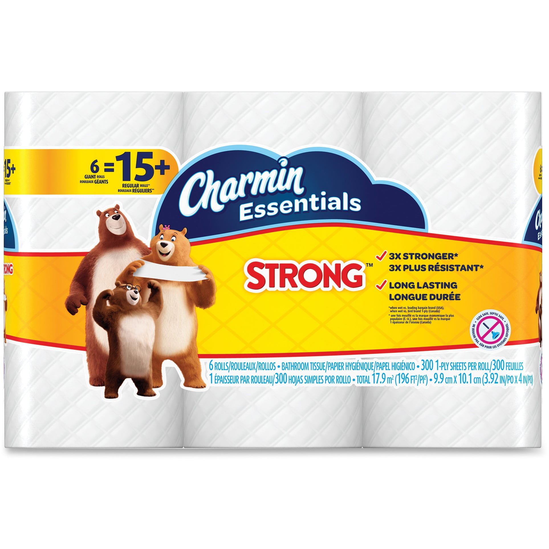 Charmin® Essentials Strong™ 1-Ply Bathroom Tissue, White, 300 Sheets Per Roll, Pack Of 6 Rolls