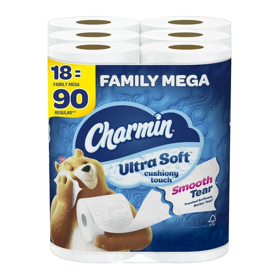 Charmin Toilet Paper Ultra Soft Cushiony Touch, 18 Family Mega Rolls = 90 Regular Rolls C40