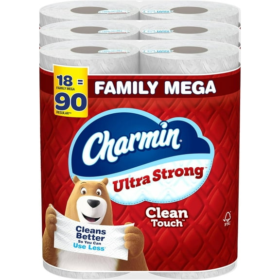 Charmin Toilet Paper Ultra Strong Clean Touch, 18 Family Mega Rolls = 90 Regular Rolls