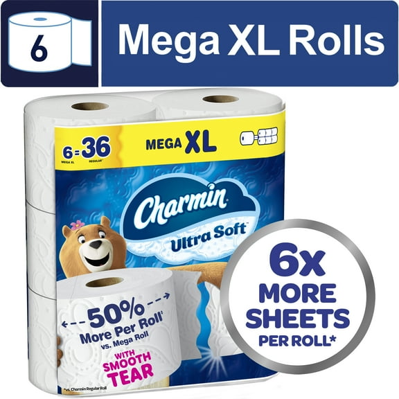 Charmin Toilet Paper Ultra Soft, 6 Mega XL Rolls, 2-Ply Bath Tissue