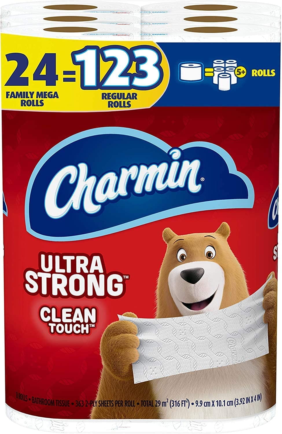 Charmin Ultra Strong Clean Touch Toilet Paper, 24 Family Mega Rolls = 123 Regular Rolls