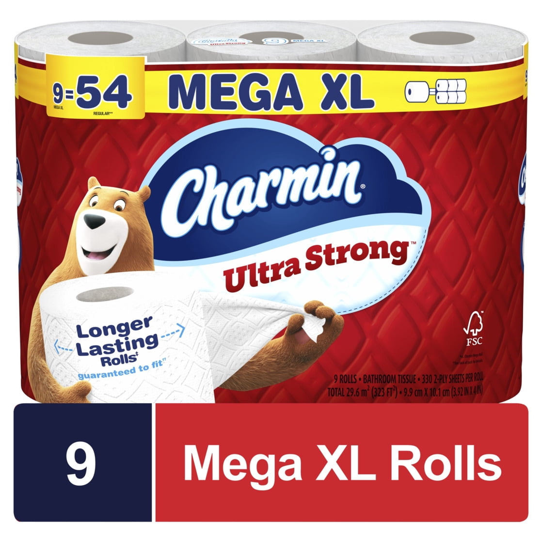 Charmin Ultra Strong Toilet Paper 9 Mega XL Rolls, 330 Sheets Per Roll