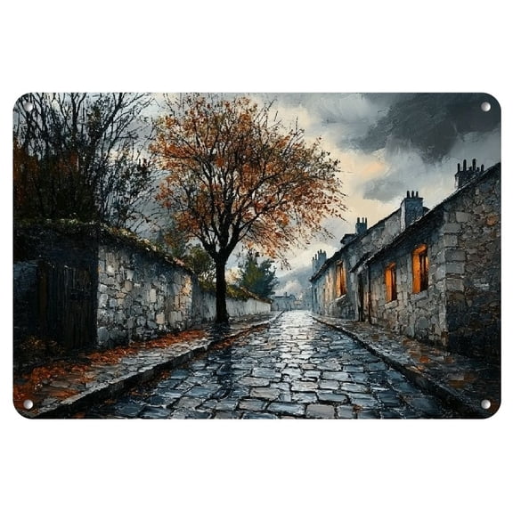Charming 12x8 Inch Iron Wall Art Panel - Rustic Street Scene with Cobblestone &amp; Autumn Fog, Anti-Bending Metal Tin Sign for Cozy Home &amp; Bar Decor, Ideal for Living Room, Bedroom, Garden